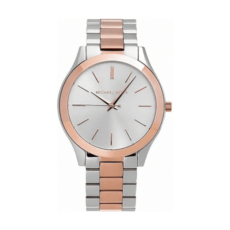 Michael Kors MK3204 women's watch with two-tone stainless steel bracelet and rose gold bezel