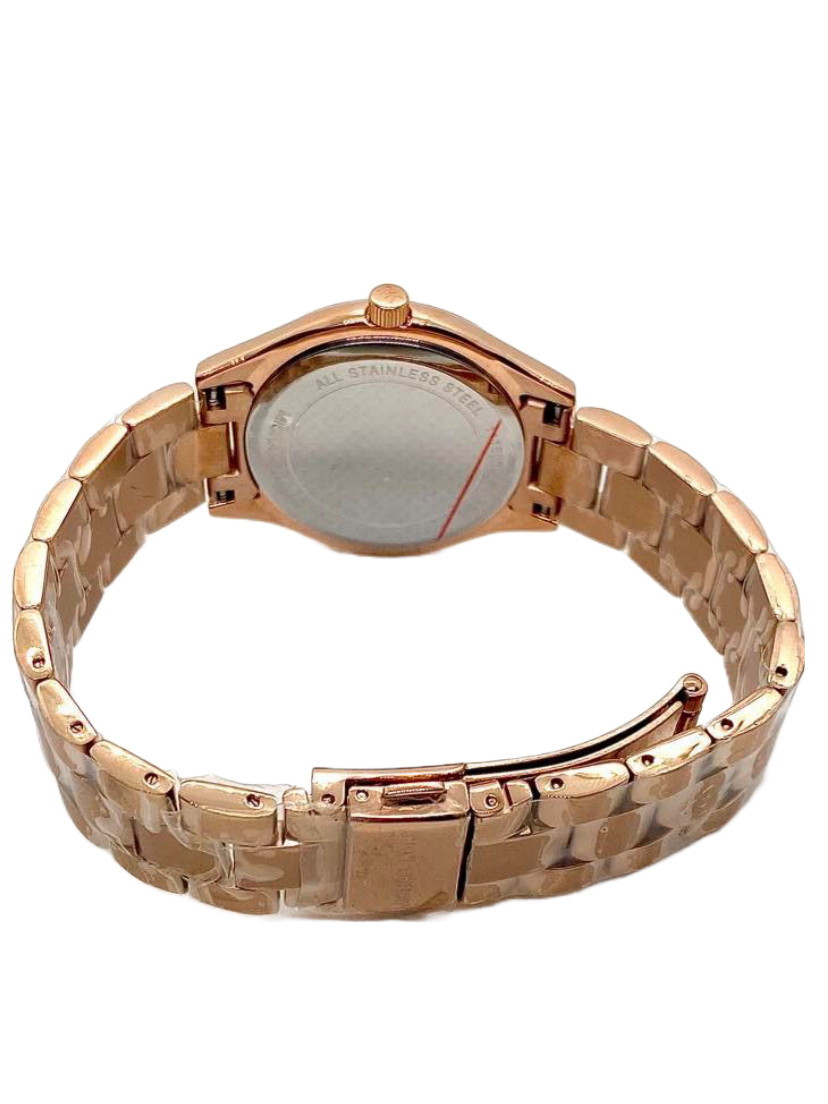 Michael Kors MK3457 watch caseback showing rose gold case with link bracelet detail