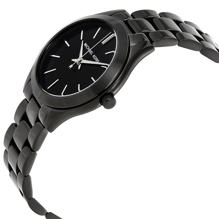 Michael Kors MK3587 watch angled view showing black dial and contoured bracelet
