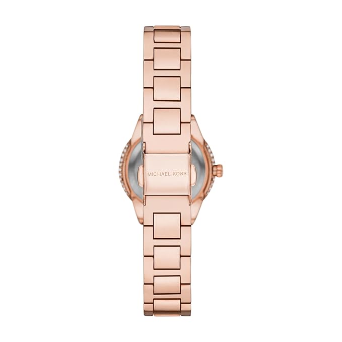 MK3858 case back view showing rose gold bracelet strap and Michael Kors branding