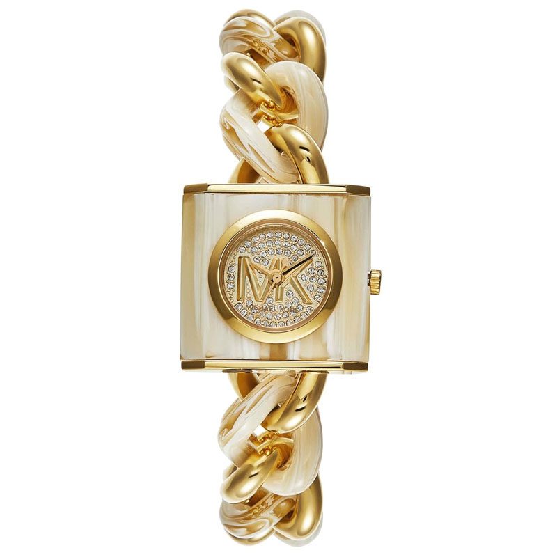 Michael Kors Chain Lock watch with gold chain strap and rectangular crystal-dial case