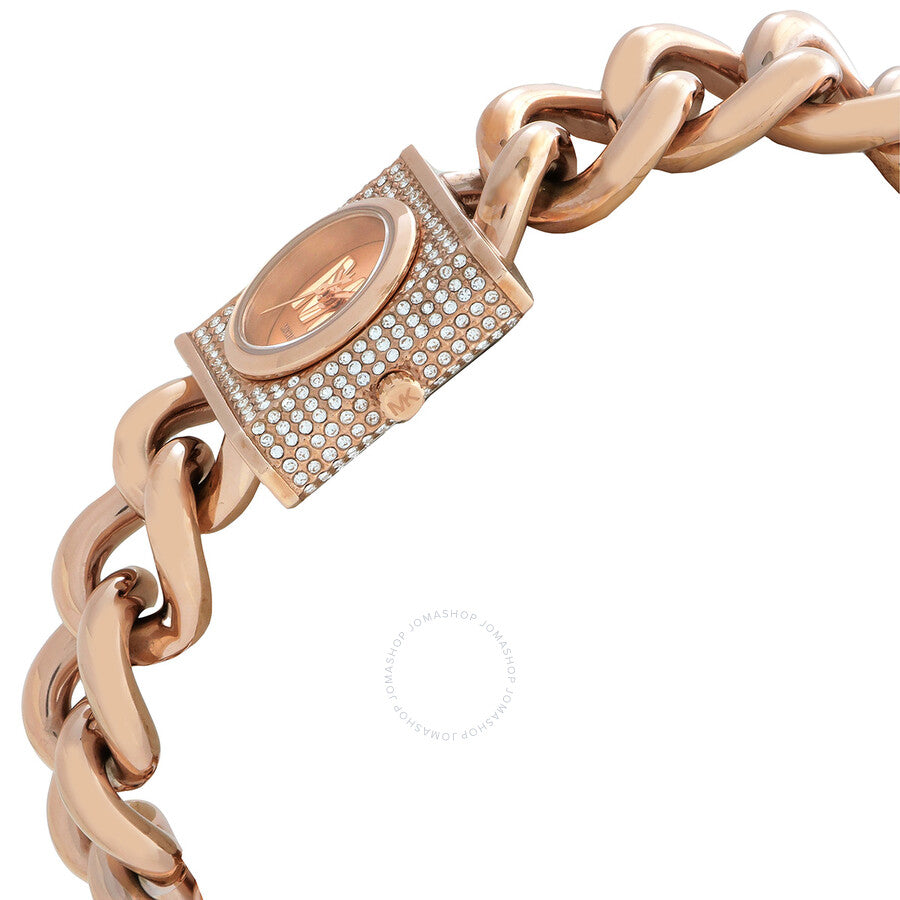 Angled view of rose gold chain link bracelet with crystal-set square watch case and rose gold dial