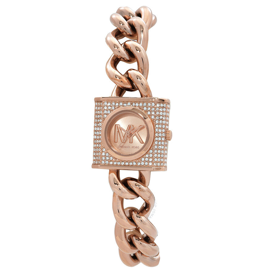 Michael Kors MK4827 Chain Lock watch with rose gold square dial and crystal-studded case on chain bracelet