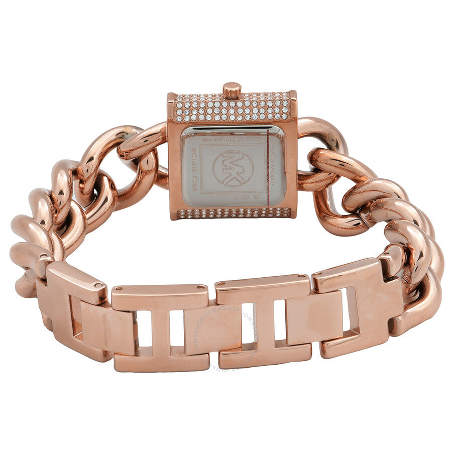 Michael Kors Chain Lock rose gold watch displayed on wrist with chain and link bracelet detail visible