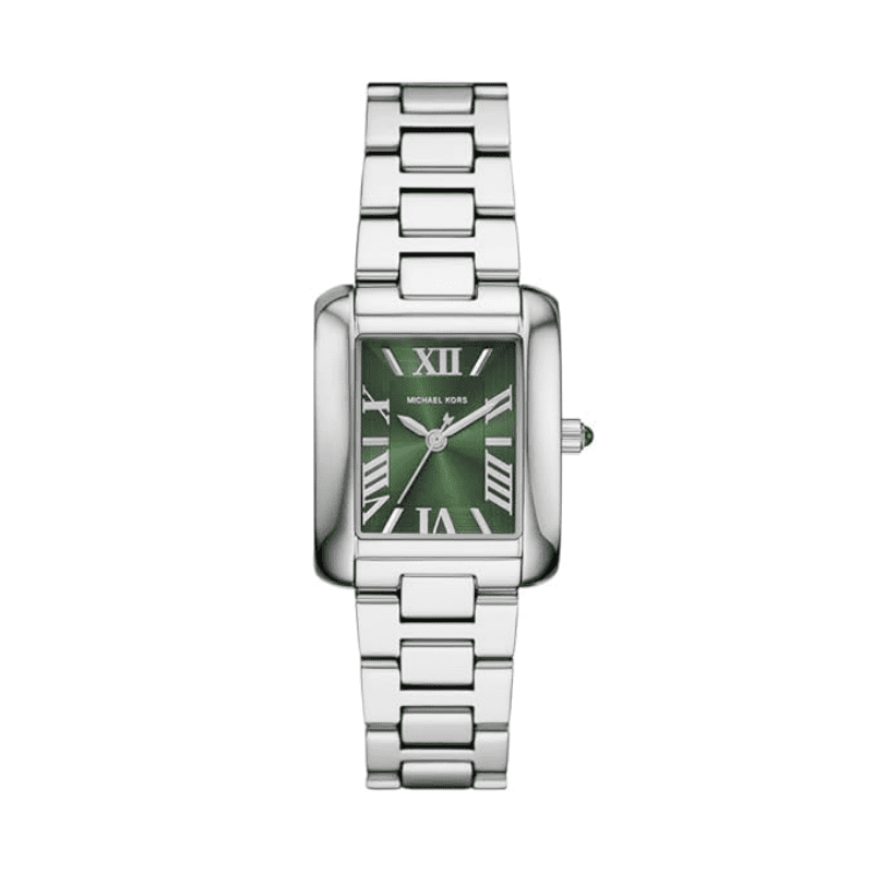 Michael Kors MK4832 silver and green women's watch front view with rectangular dial
