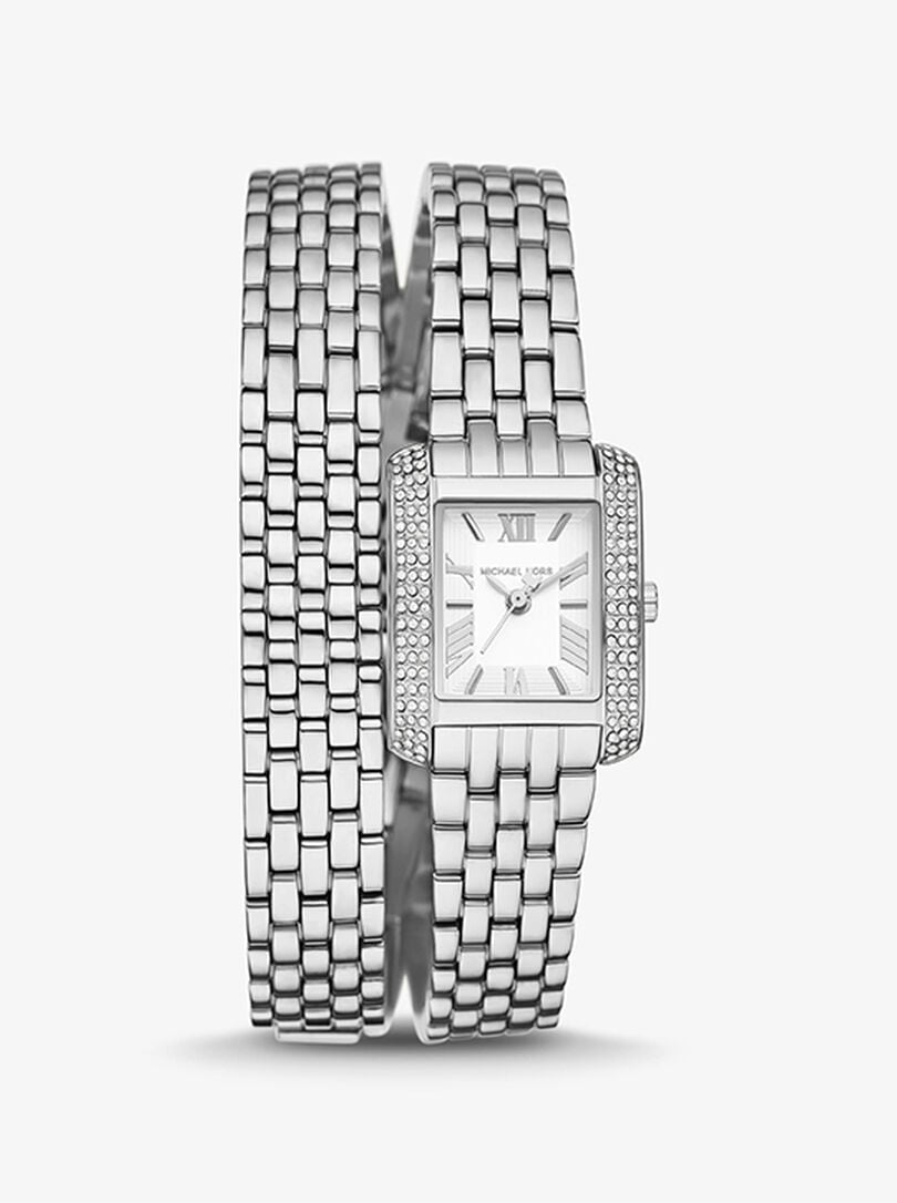 Michael Kors Petite Emery silver-tone watch with double wrap bracelet and crystal-pavé bezel