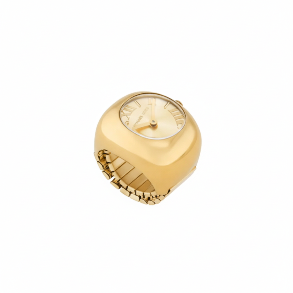 Michael Kors gold ladies watch ring with square face and Roman numeral dial