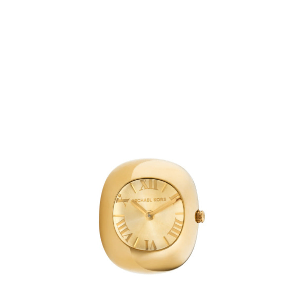 Side profile of Michael Kors gold square face watch ring with Roman numerals