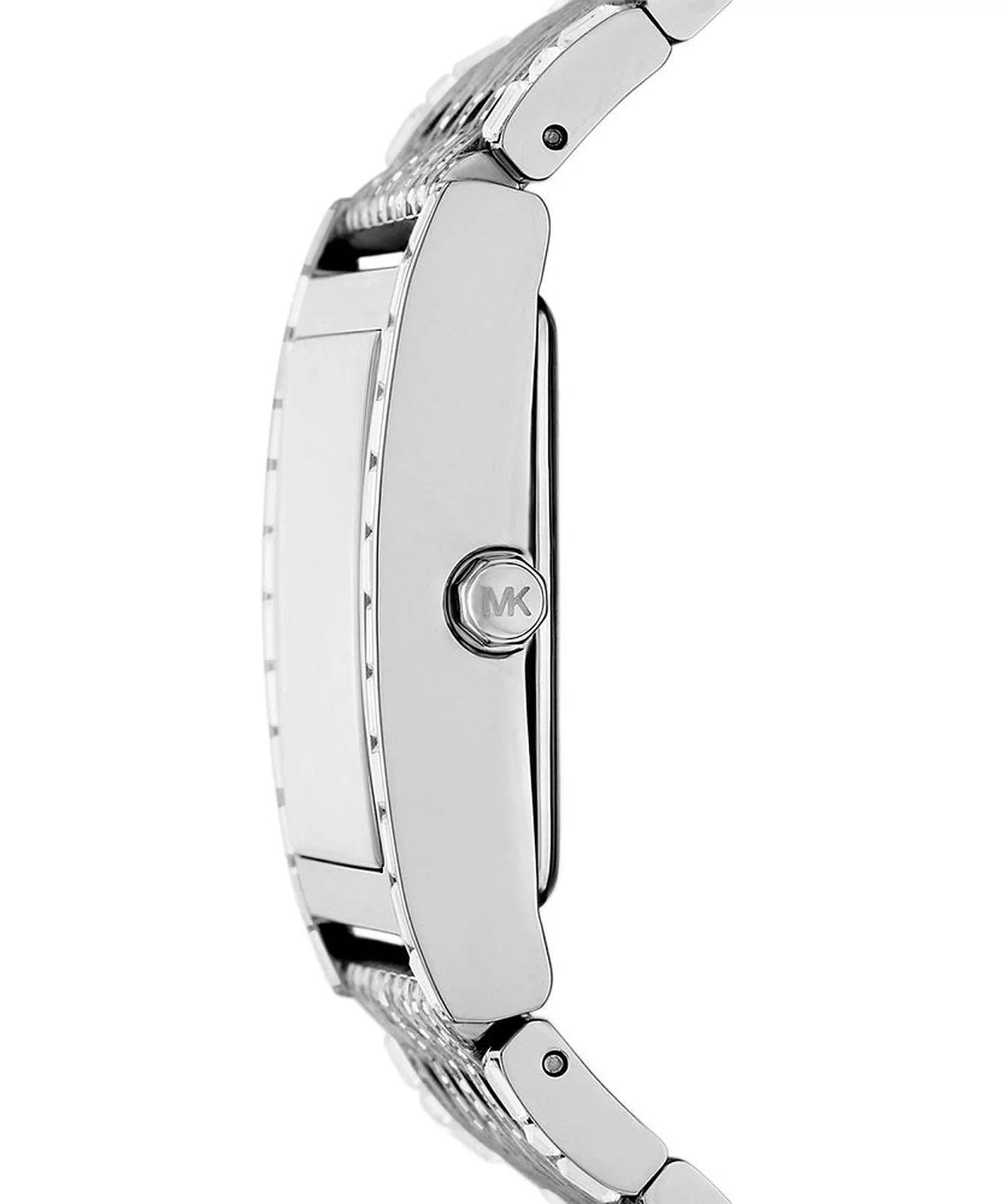 Side view of Michael Kors MK4938LE rectangular watch showing stainless steel case profile
