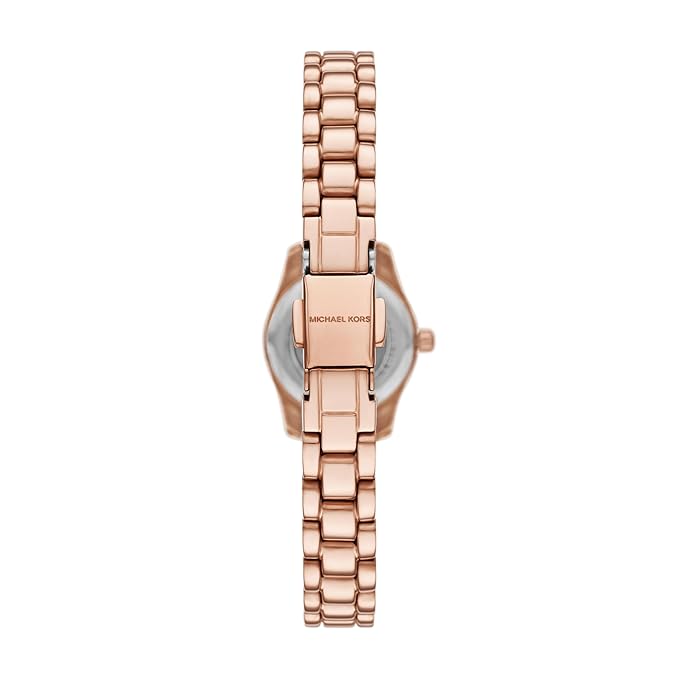 Caseback view of Michael Kors MK4948 watch showing rose gold stainless steel bracelet