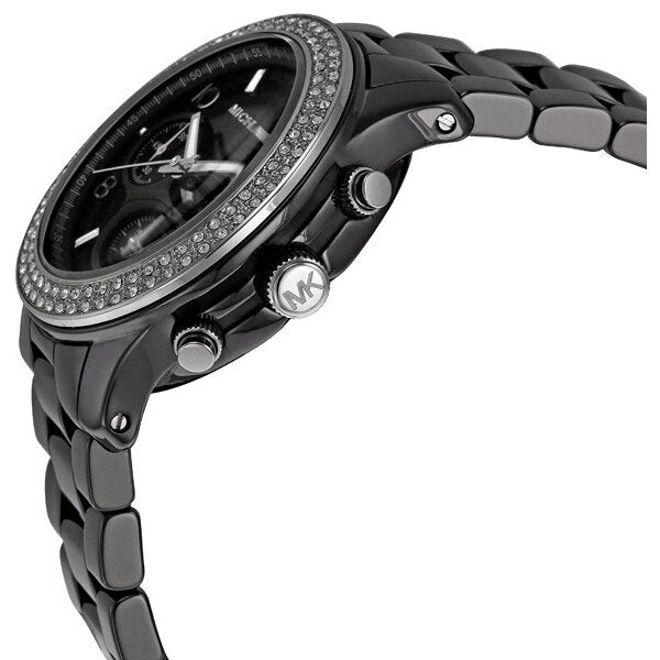 Michael Kors MK5190 angled side view showing black ceramic bracelet and chronograph pushers