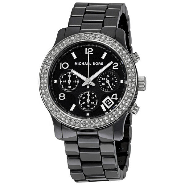 Michael Kors MK5190 black dial black ceramic chronograph watch with crystal bezel