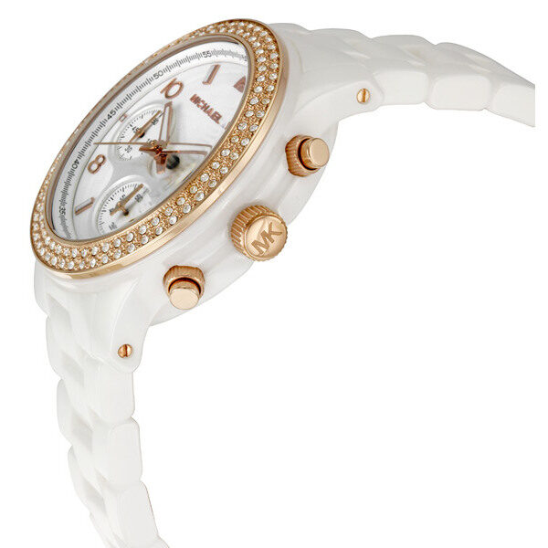 Michael Kors MK5269 side profile showing white ceramic strap and rose gold chronograph pushers