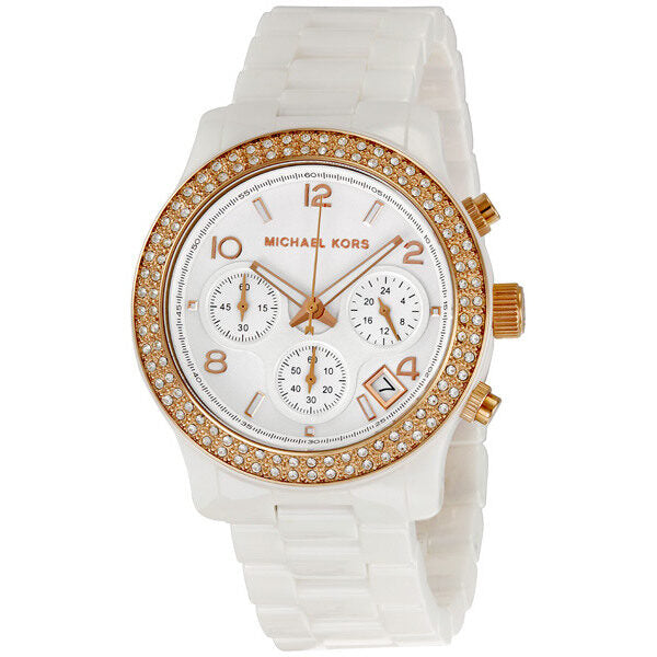 Michael Kors MK5269 white ceramic ladies chronograph watch with crystal-set bezel and white dial