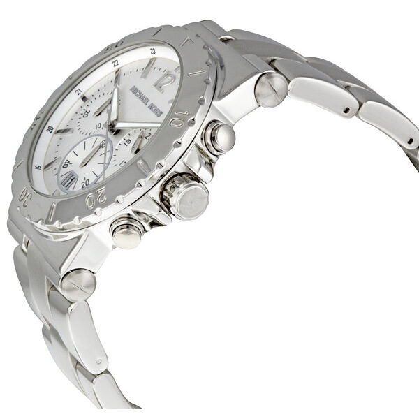 MK5312 watch shown at angle displaying chronograph pushers and steel bracelet