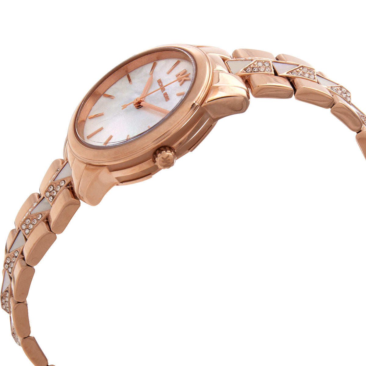 Side angle view of MK6674 watch showing rose gold case and crystal-accented bracelet