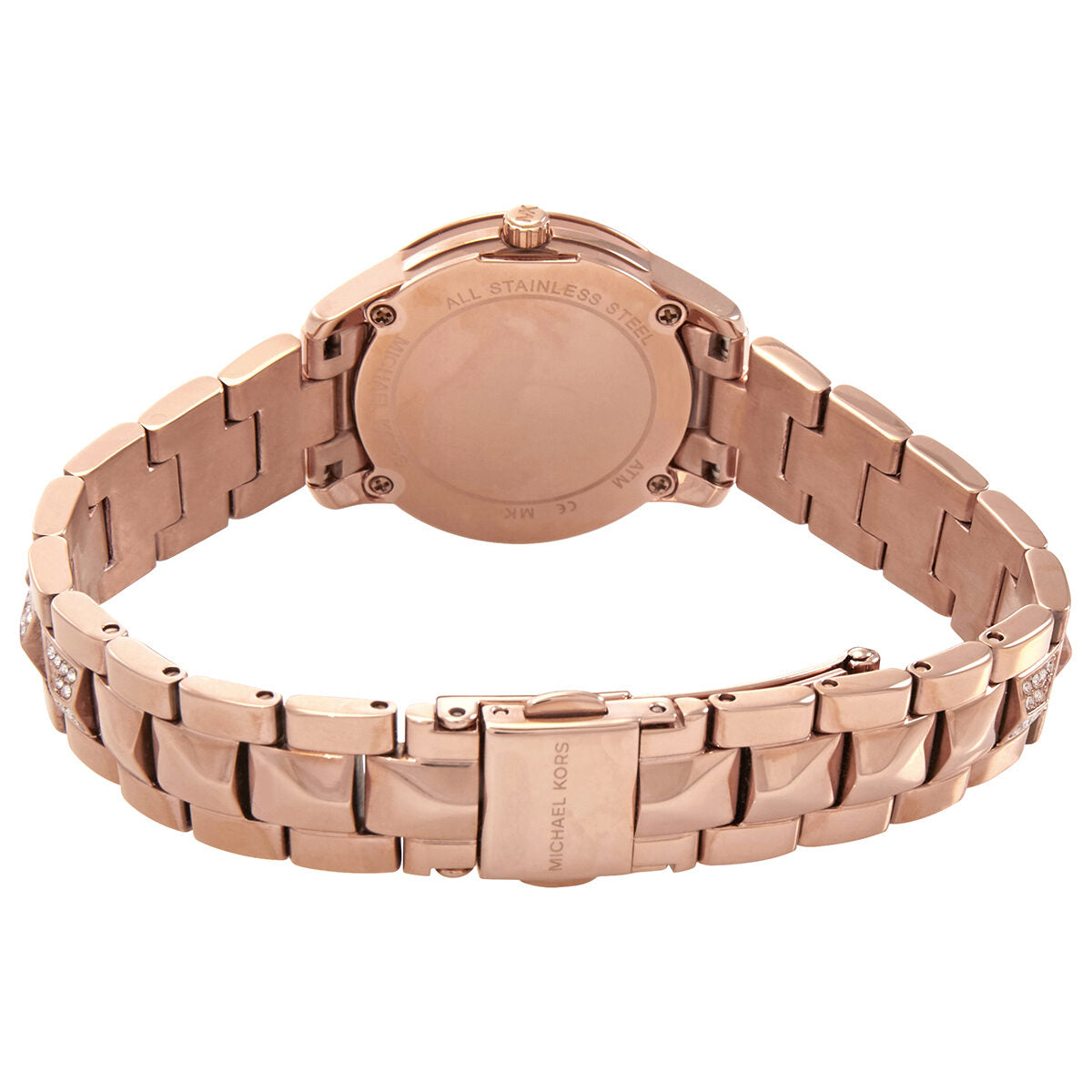 Back view of MK6674 watch case showing rose gold-tone metal bracelet and caseback
