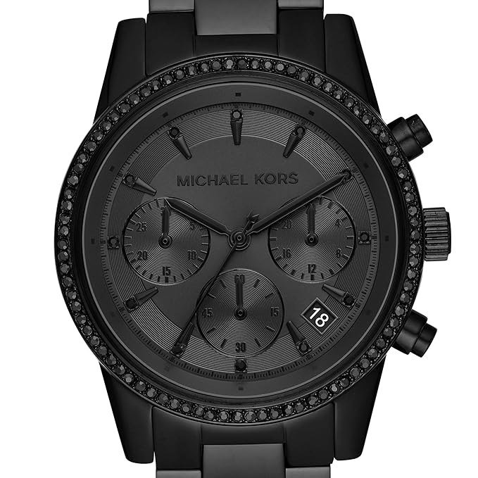 Michael Kors MK6725 black dial detail with chronograph subdials, date window, and crystal bezel