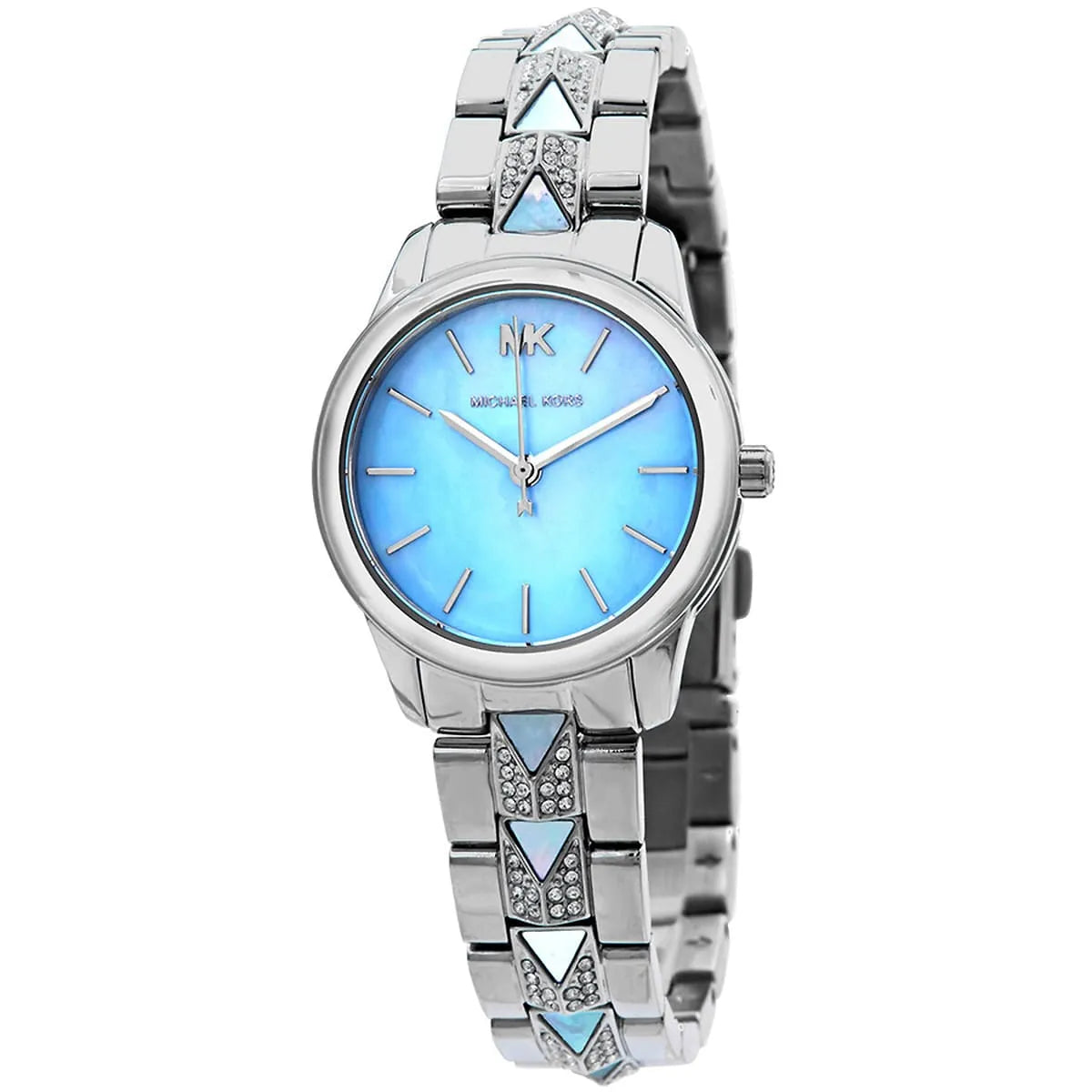 Michael Kors Runway Mercer watch at angle showing mother of pearl blue dial and silver steel strap with crystals