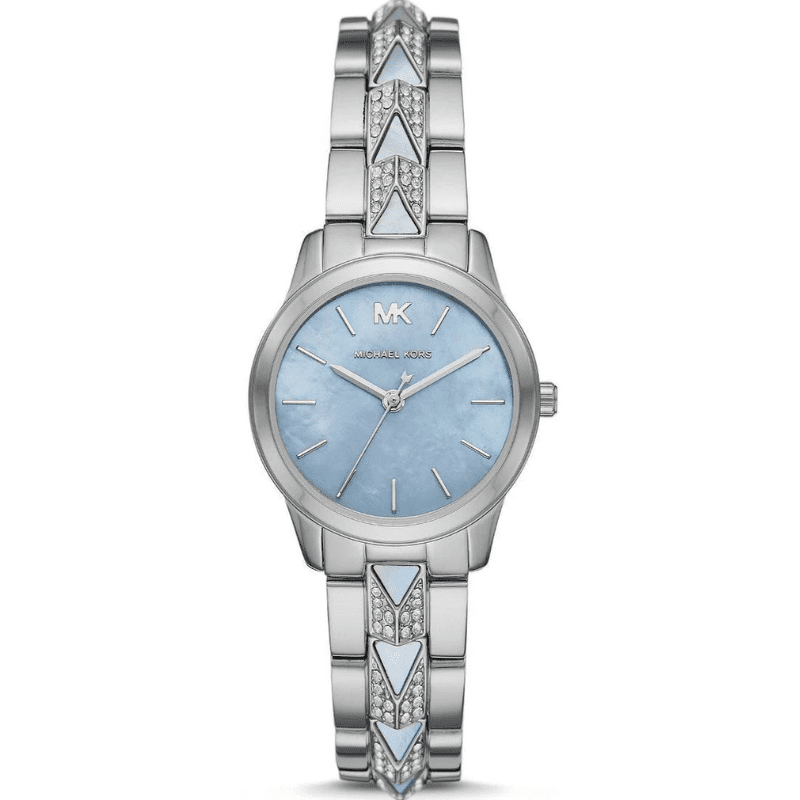 Michael Kors Runway Mercer women's watch with mother of pearl blue dial and silver steel strap with pyramid crystals