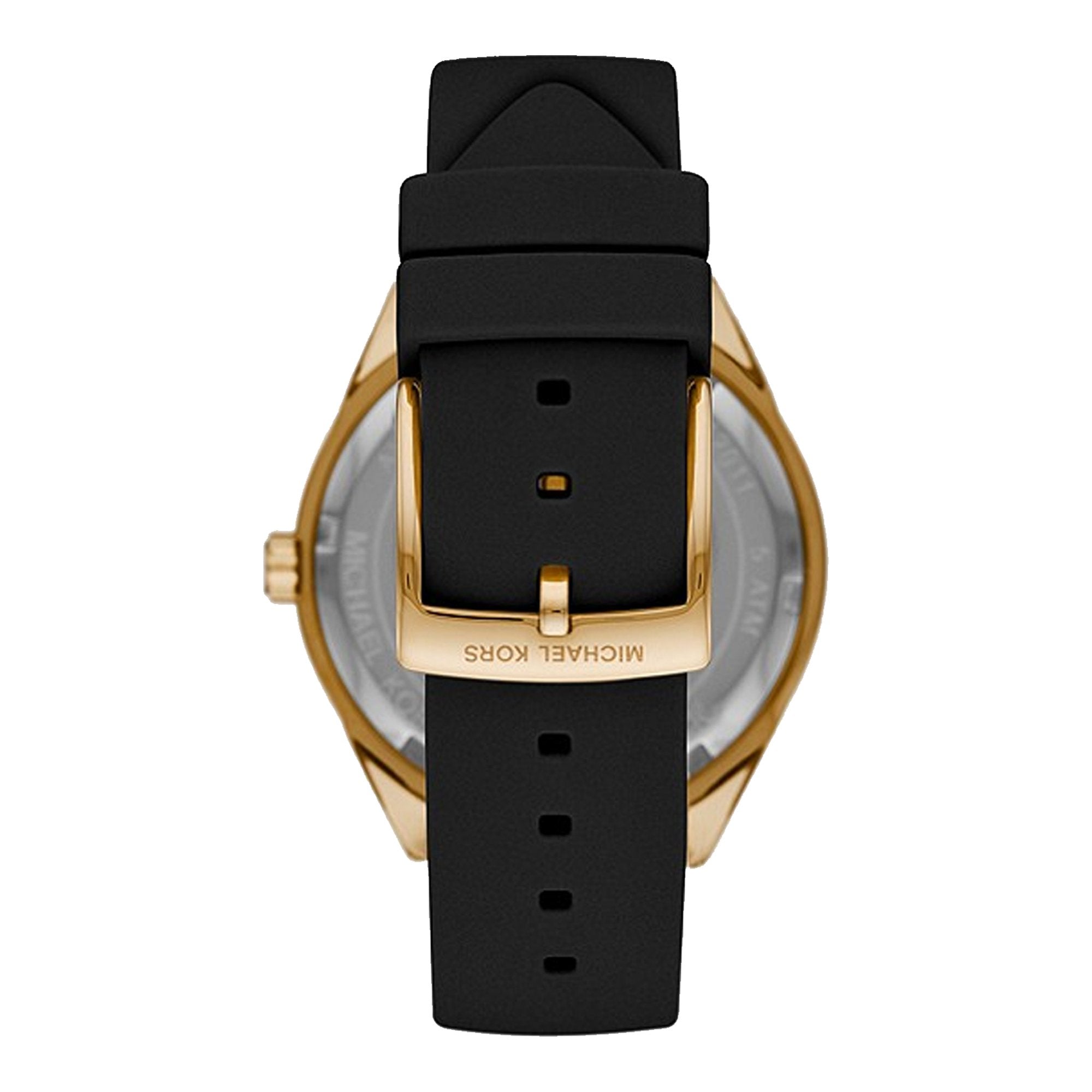 Caseback view of Michael Kors MK6944 watch with gold-tone case, black silicon strap with buckle closure