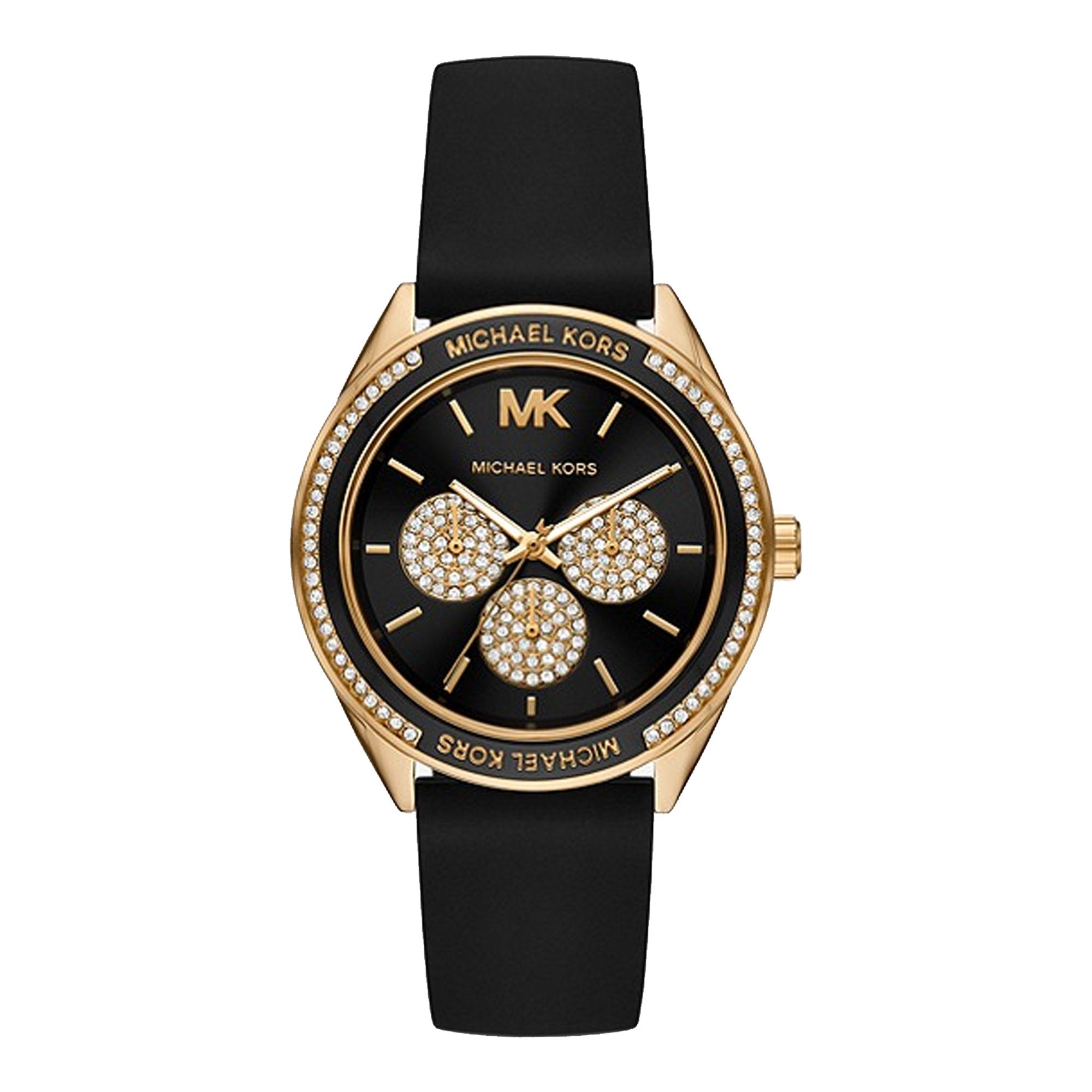 Michael Kors MK6944 women's quartz watch with gold case, black dial with rhinestone bow design, and black silicon strap