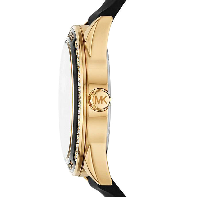 Side profile of Michael Kors MK6944 watch showing gold-tone case with diamond-set bezel and black silicon strap