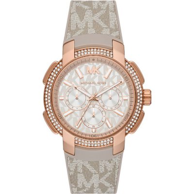 Michael Kors MK6949 Sidney rose gold chronograph watch with crystal-studded bezel and patterned fabric strap