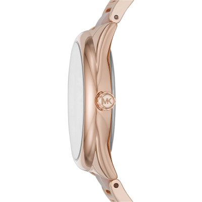 Side profile view of Michael Kors MK7135 Janelle watch with MK charm detail