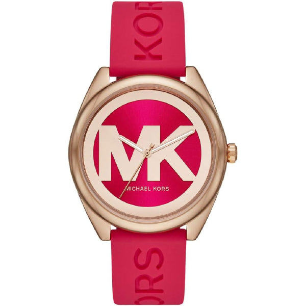 Michael Kors Janelle women's watch with red dial, white MK logo, rose-tone case, and red rubber strap