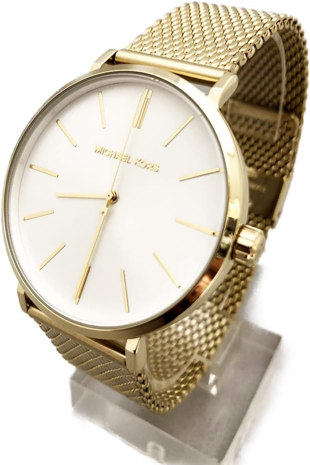 Michael Kors MK7150 watch displayed at angle showing gold mesh strap and white dial