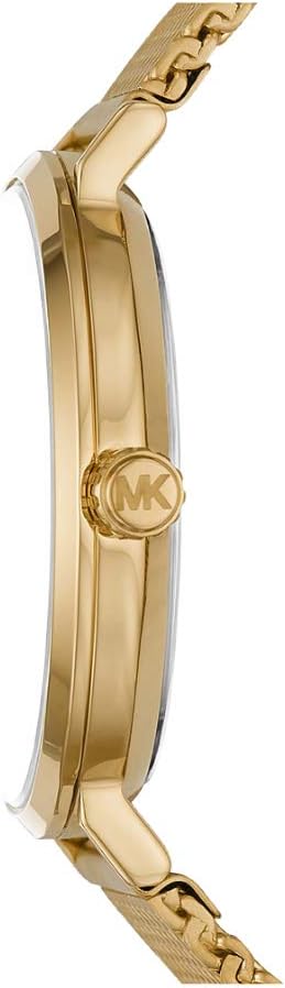Michael Kors MK7150 watch side profile showing gold case thickness and mesh band