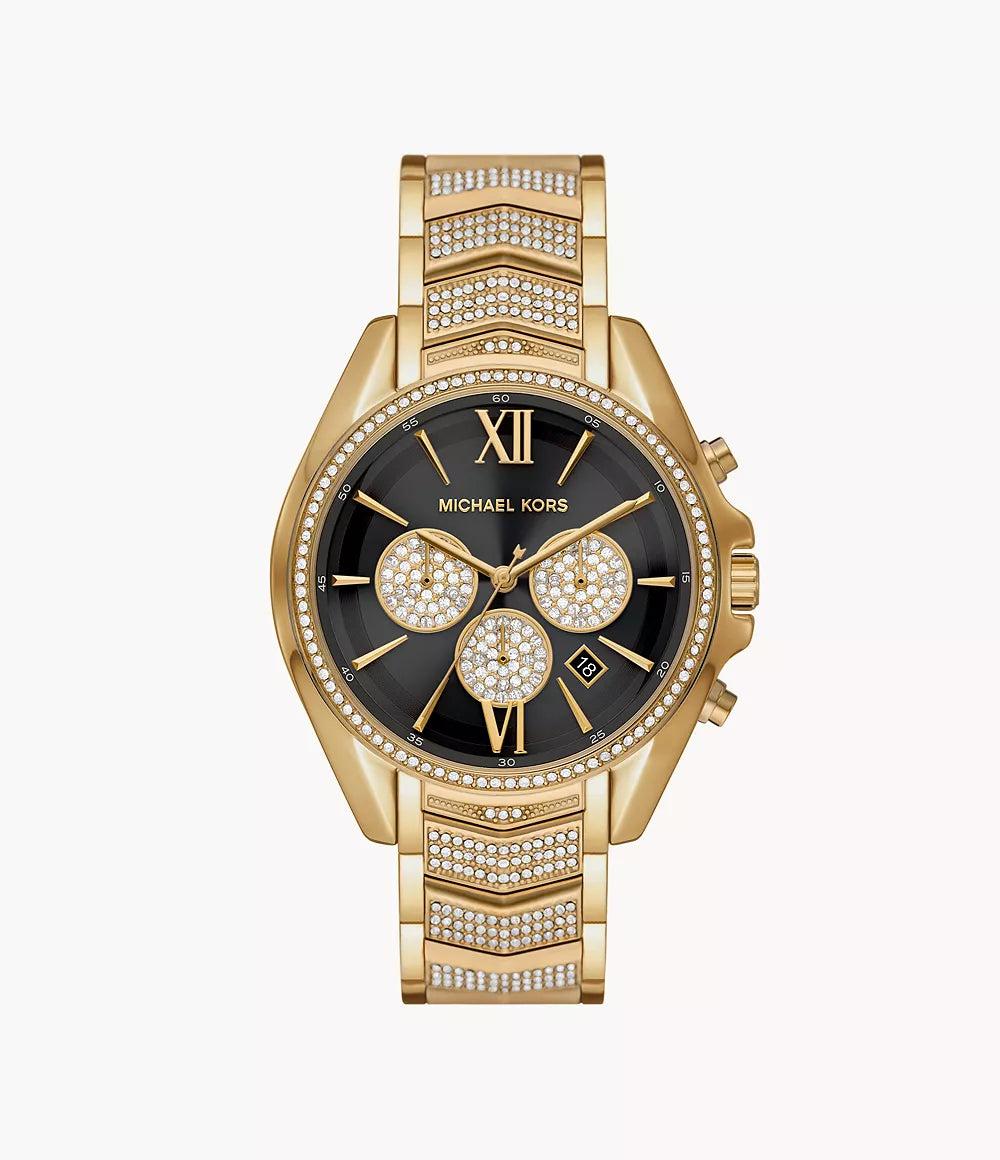 Michael Kors MK7224 gold chronograph watch with black dial and Roman numerals