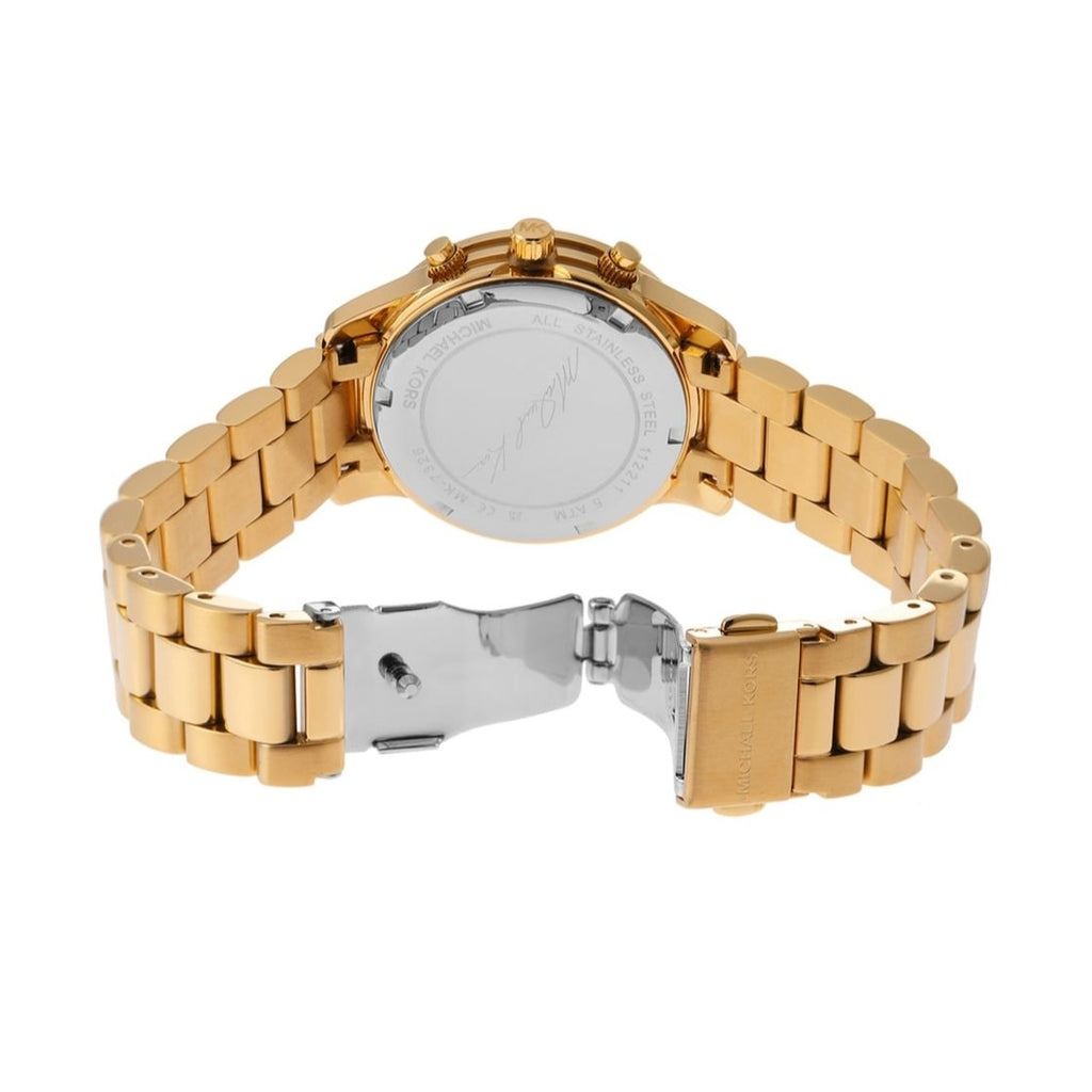 Rear view showing gold-tone stainless steel bracelet and fold-over clasp of Michael Kors watch