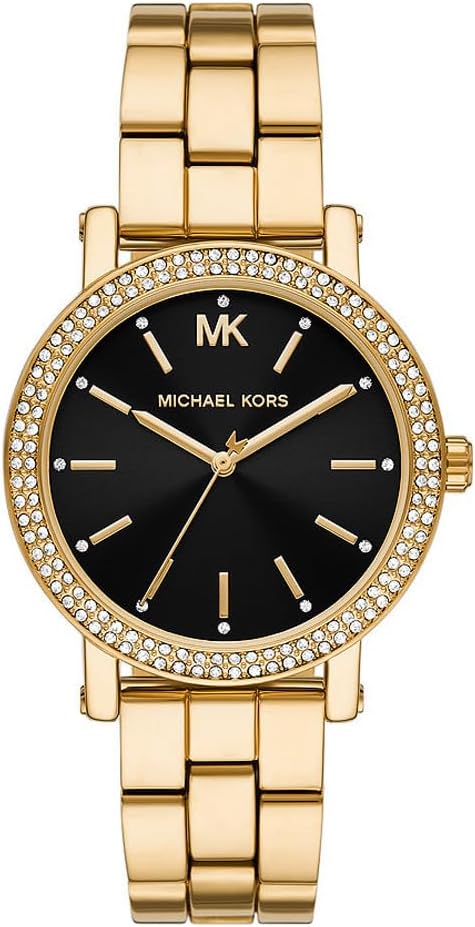 Michael Kors MK7345 gold ladies watch with black dial and crystal-set bezel