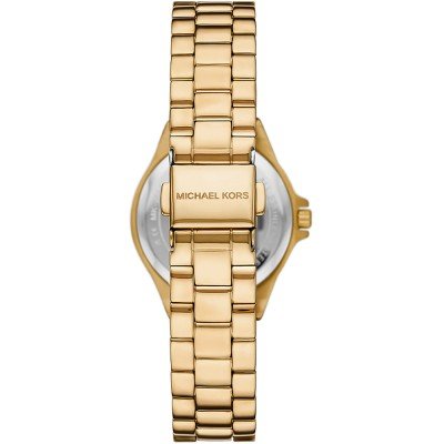 Caseback view of Michael Kors Lennox MK7395 with gold-tone link bracelet