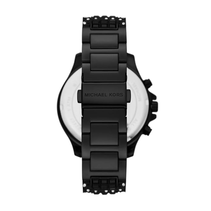 Caseback view of MK7490LE watch showing black-tone stainless steel bracelet and chronograph pushers