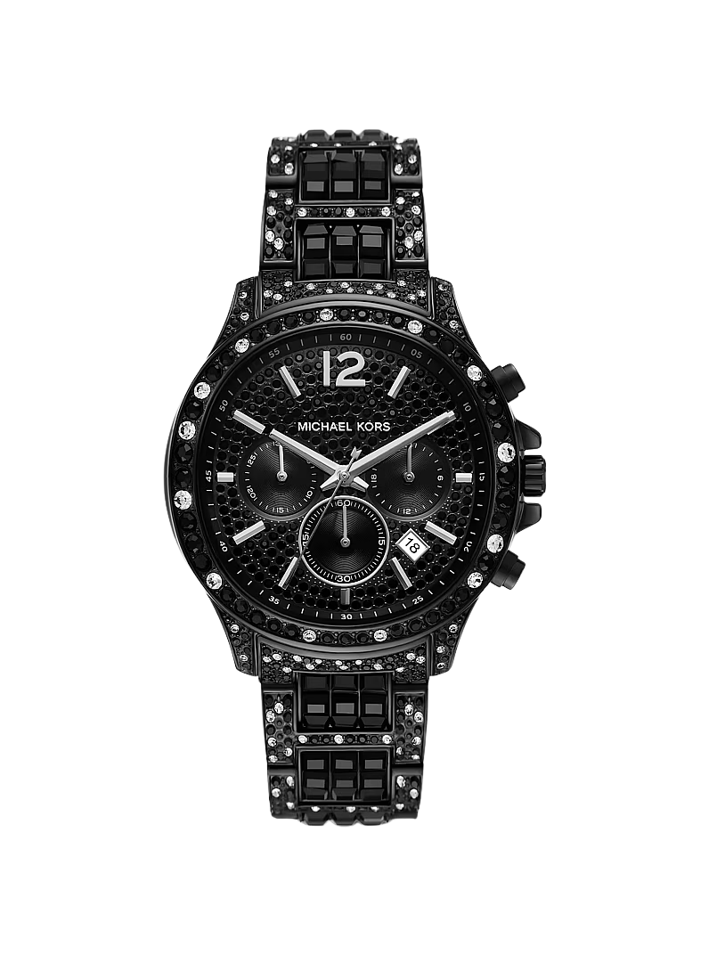 Michael Kors MK7490LE oversized black chronograph watch with crystal-studded bezel and matching bracelet