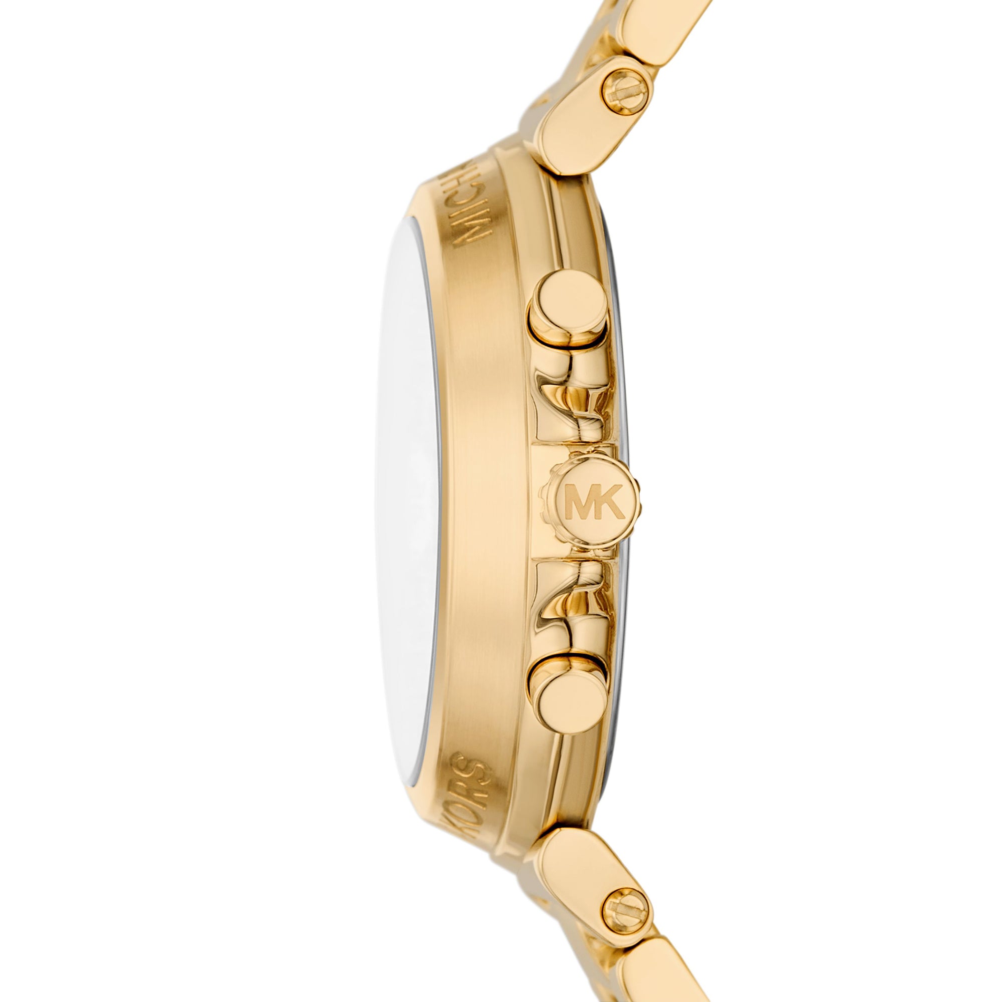 Michael Kors Maren MK7493 side view showing gold-tone case profile and chronograph pushers