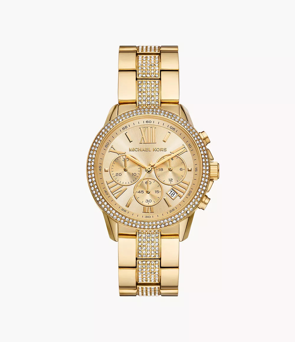 Michael Kors MK7504 gold ladies chronograph watch with crystal bezel and dial subdials