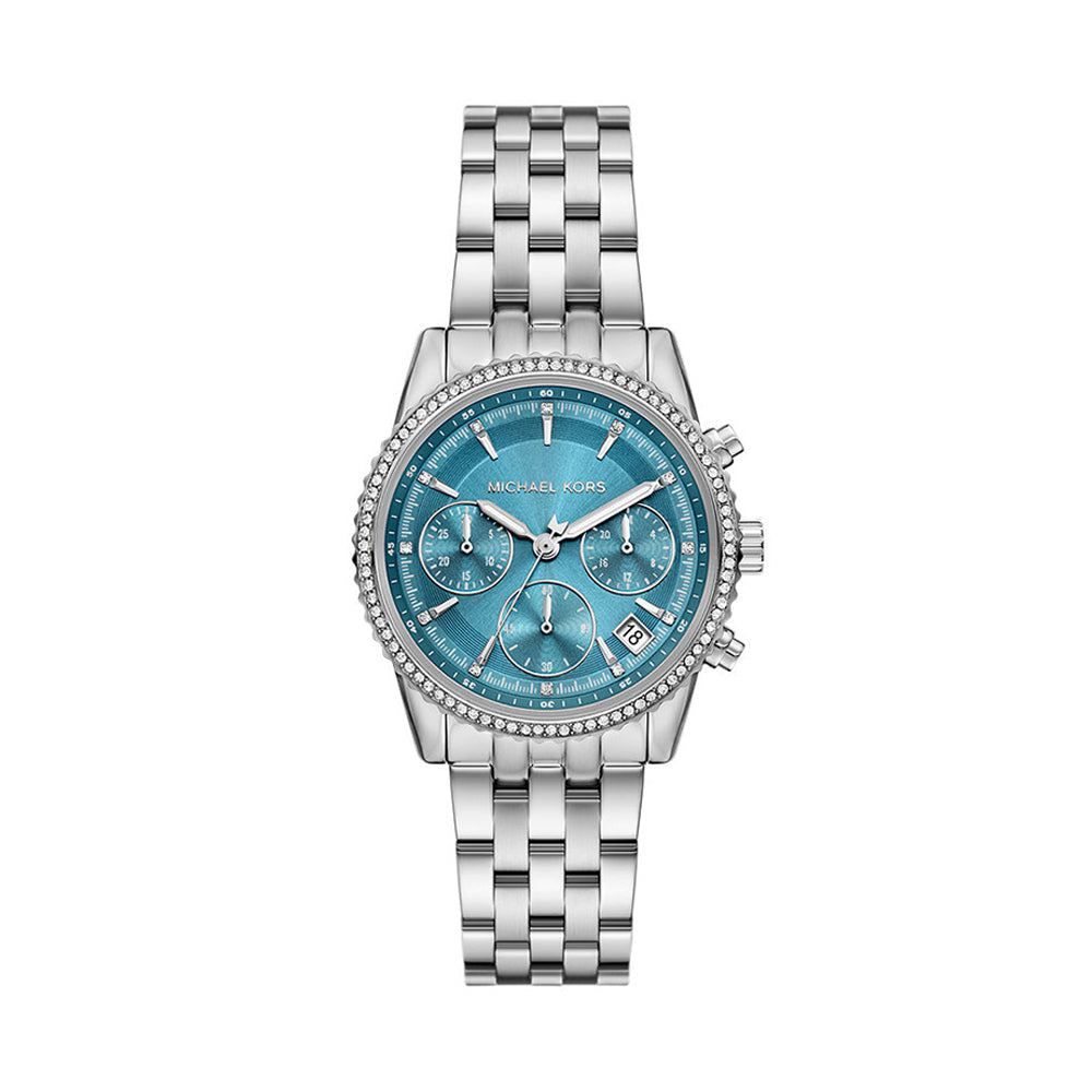 Michael Kors Mini Bryant MK7539 silver-tone women's chronograph watch with blue dial