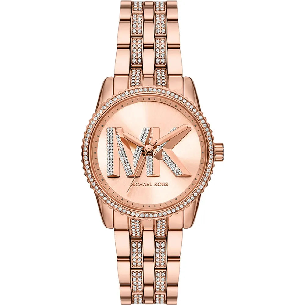 Michael Kors Ritz MK7541 women's watch with rose gold-tone case, crystal-accented bezel, and matching bracelet