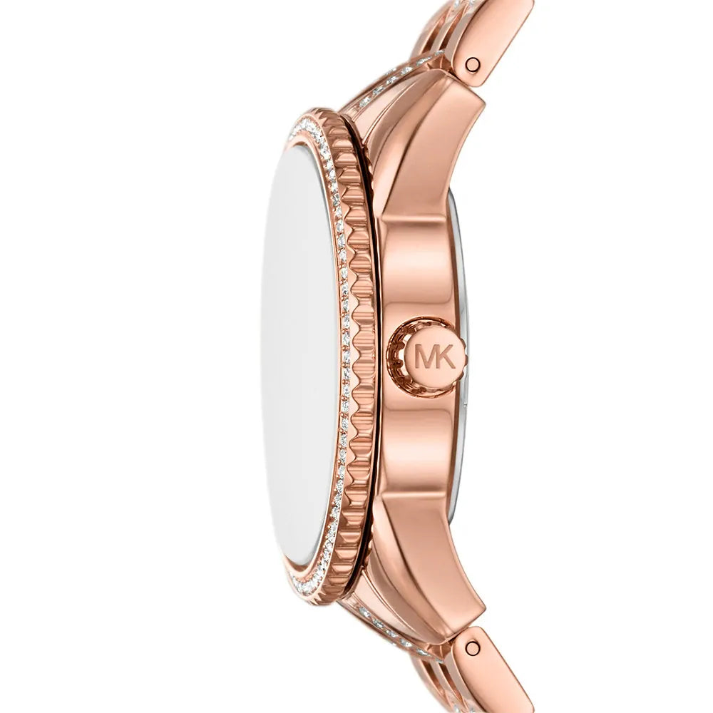 Michael Kors Ritz MK7541 side profile showing rose gold-tone case thickness and crystal-accented bracelet
