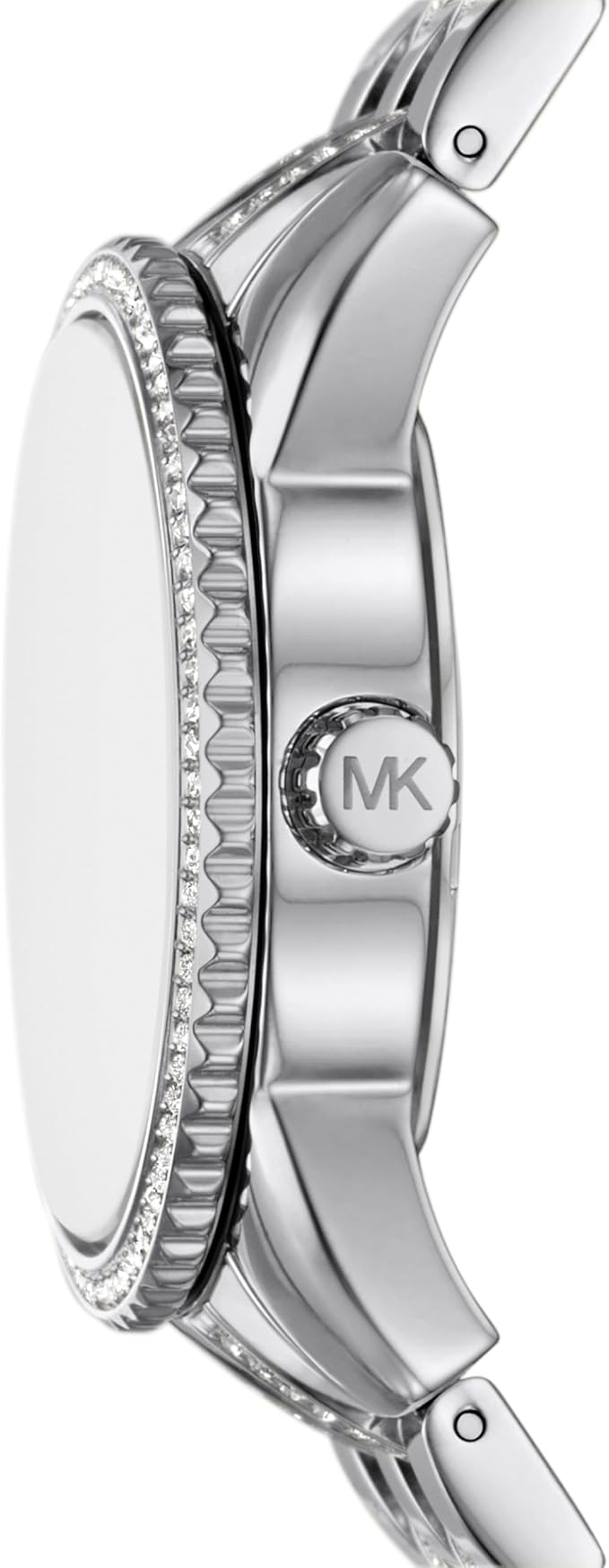 Michael Kors MK7542 side profile showing crystal-set bezel and MK medallion on case