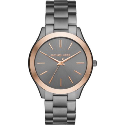 Michael Kors MK8576 Runway Slim XL watch with gunmetal steel bracelet, rose gold bezel, and gray dial