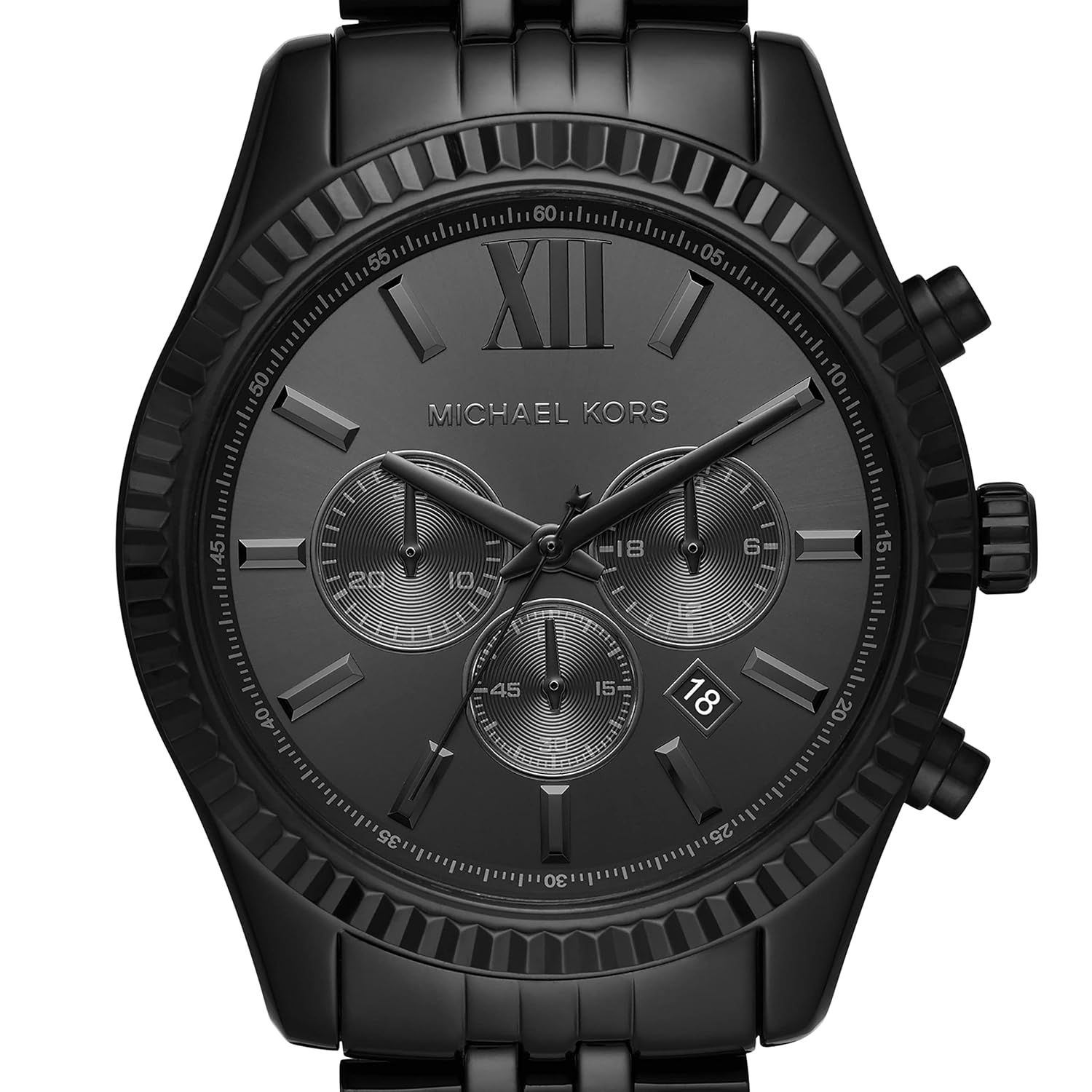 Detailed view of Michael Kors MK8591 dial with Roman numerals, subdials, and date window
