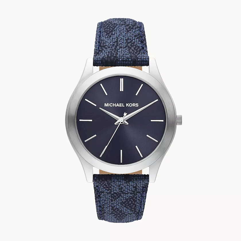 Michael Kors MK8907 Oversized Slim Runway watch with navy blue dial and silver case