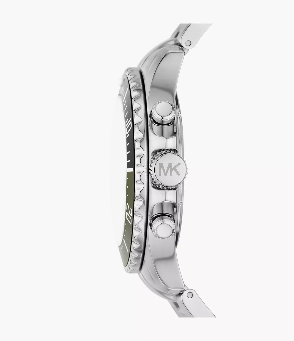 Michael Kors MK8976 side profile showing stainless steel chronograph case and green accents