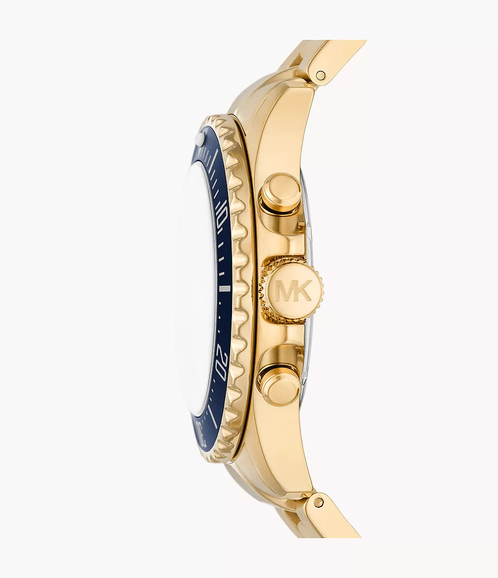 Michael Kors MK8978 watch side profile showing gold case and blue bezel