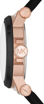 Michael Kors MK9019 side profile showing rose gold case, black strap, and MK logo